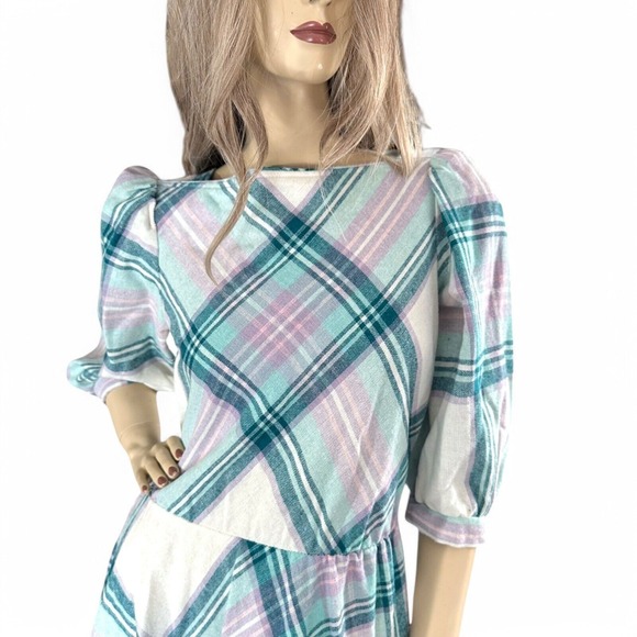 80s Teal & Lilac Plaid Wool Dress | Puff Sleeve Cottagecore Pastel Aesthetic | S - Picture 2 of 8